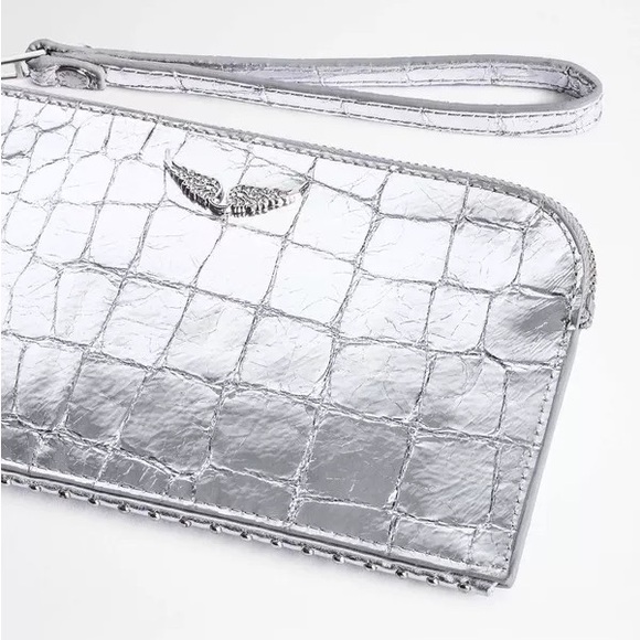 Zadig & Voltaire Silver Croc Embossed Phone Wallet Wristlet and AirPod Case Set - Picture 3 of 16
